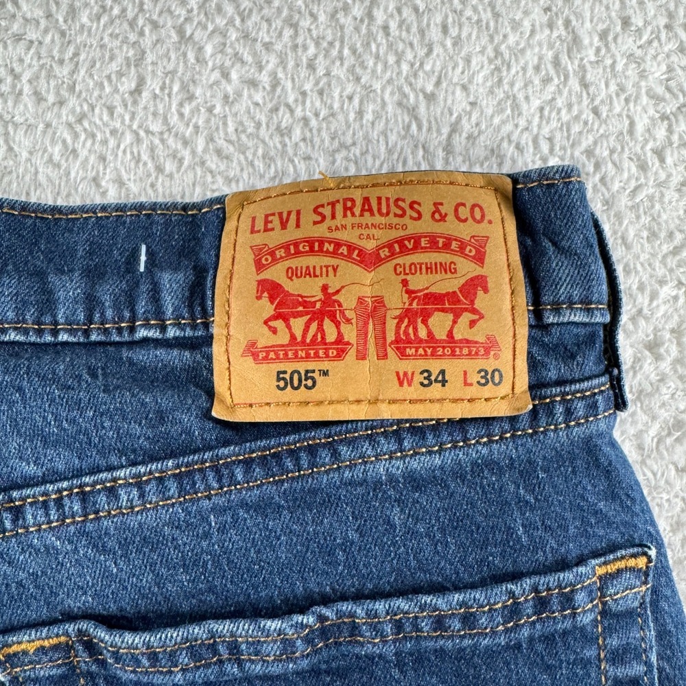 Men's Size 34x30 Levi 505 Regular Fit Denim Blue Jeans Medium Dark Wash Stretch - Picture 3 of 11